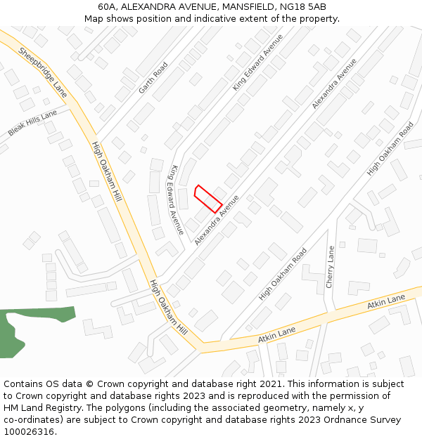 60A, ALEXANDRA AVENUE, MANSFIELD, NG18 5AB: Location map and indicative extent of plot