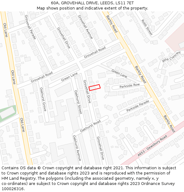 60A, GROVEHALL DRIVE, LEEDS, LS11 7ET: Location map and indicative extent of plot