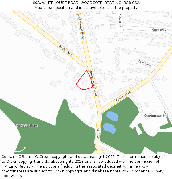 60A, WHITEHOUSE ROAD, WOODCOTE, READING, RG8 0SA: Location map and indicative extent of plot