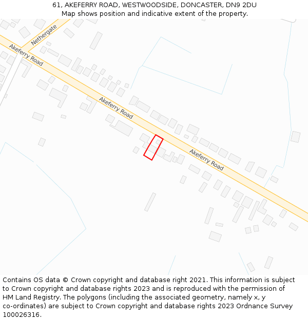 61, AKEFERRY ROAD, WESTWOODSIDE, DONCASTER, DN9 2DU: Location map and indicative extent of plot