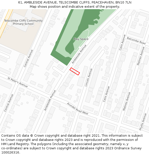 61, AMBLESIDE AVENUE, TELSCOMBE CLIFFS, PEACEHAVEN, BN10 7LN: Location map and indicative extent of plot