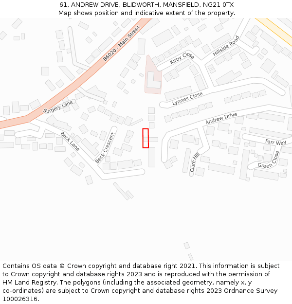 61, ANDREW DRIVE, BLIDWORTH, MANSFIELD, NG21 0TX: Location map and indicative extent of plot