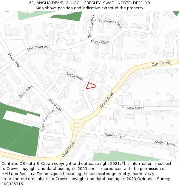 61, ANGLIA DRIVE, CHURCH GRESLEY, SWADLINCOTE, DE11 9JR: Location map and indicative extent of plot