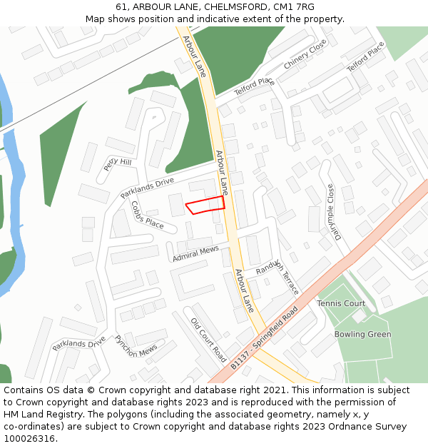 61, ARBOUR LANE, CHELMSFORD, CM1 7RG: Location map and indicative extent of plot