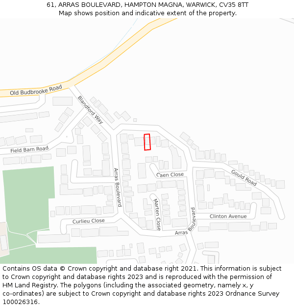 61, ARRAS BOULEVARD, HAMPTON MAGNA, WARWICK, CV35 8TT: Location map and indicative extent of plot