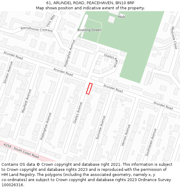 61, ARUNDEL ROAD, PEACEHAVEN, BN10 8RP: Location map and indicative extent of plot