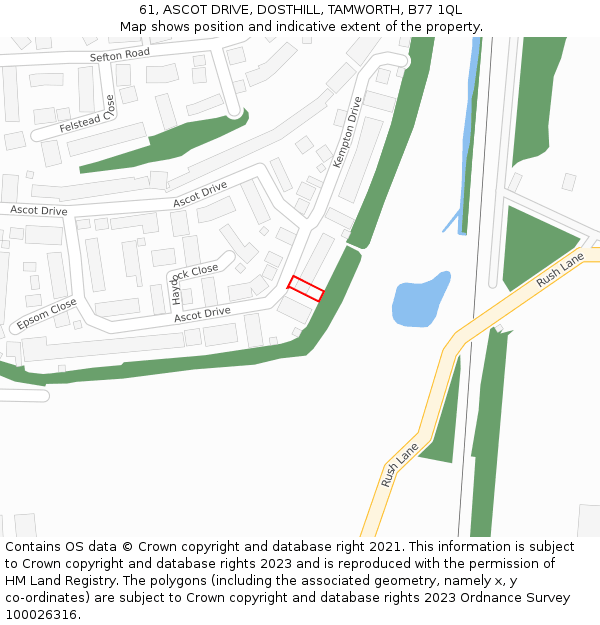 61, ASCOT DRIVE, DOSTHILL, TAMWORTH, B77 1QL: Location map and indicative extent of plot