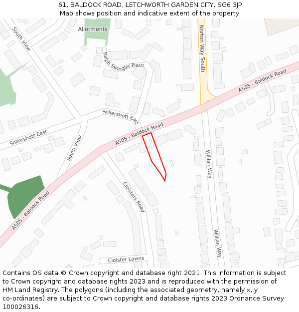 61, BALDOCK ROAD, LETCHWORTH GARDEN CITY, SG6 3JP: Location map and indicative extent of plot