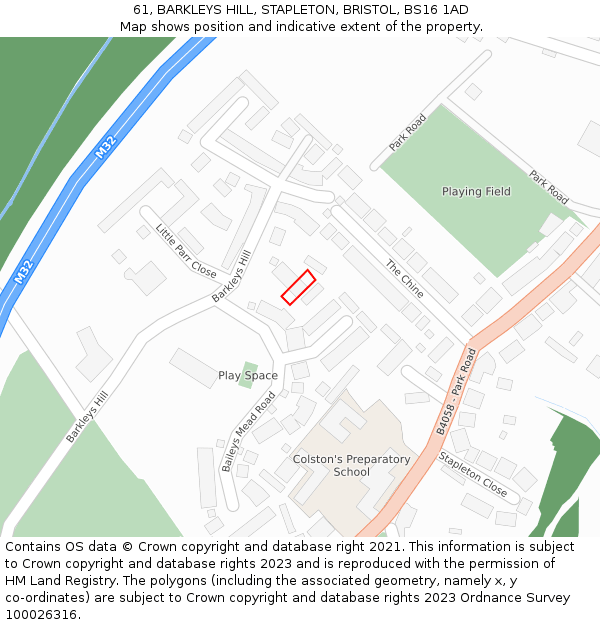 61, BARKLEYS HILL, STAPLETON, BRISTOL, BS16 1AD: Location map and indicative extent of plot