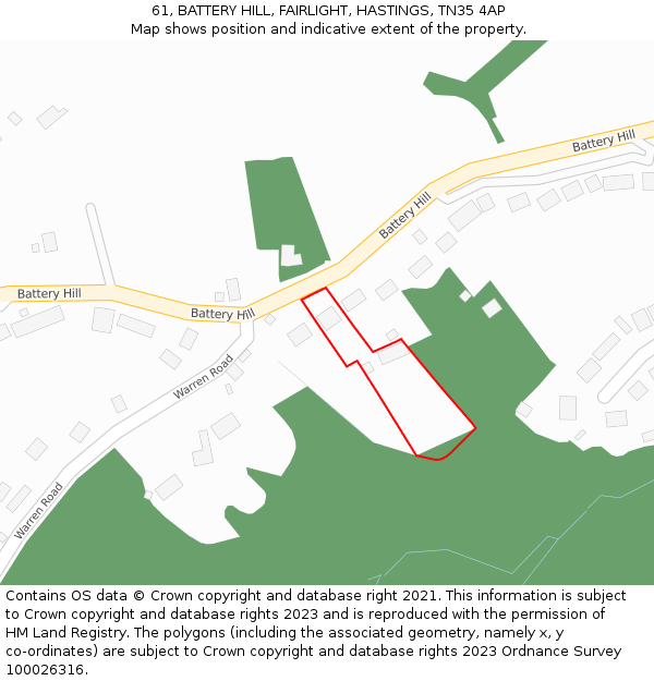 61, BATTERY HILL, FAIRLIGHT, HASTINGS, TN35 4AP: Location map and indicative extent of plot