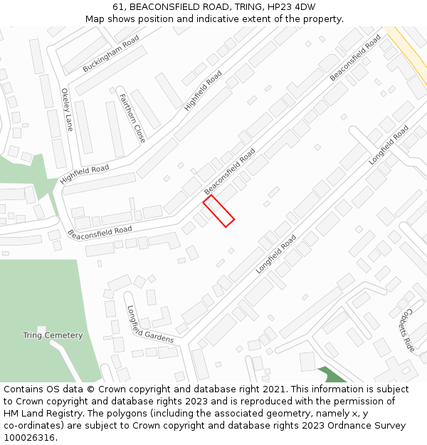 61, BEACONSFIELD ROAD, TRING, HP23 4DW: Location map and indicative extent of plot