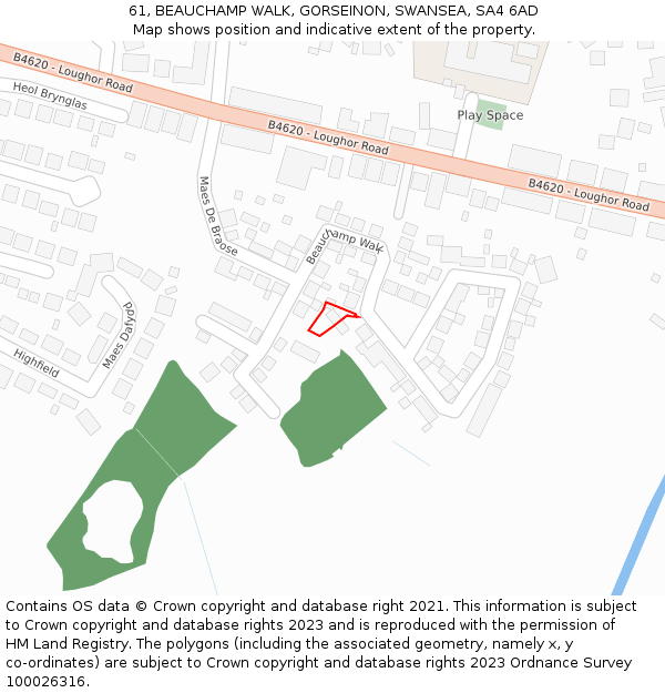 61, BEAUCHAMP WALK, GORSEINON, SWANSEA, SA4 6AD: Location map and indicative extent of plot