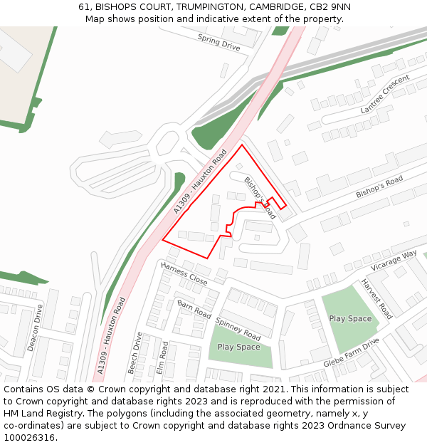 61, BISHOPS COURT, TRUMPINGTON, CAMBRIDGE, CB2 9NN: Location map and indicative extent of plot