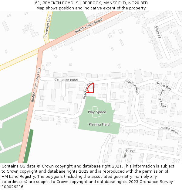 61, BRACKEN ROAD, SHIREBROOK, MANSFIELD, NG20 8FB: Location map and indicative extent of plot