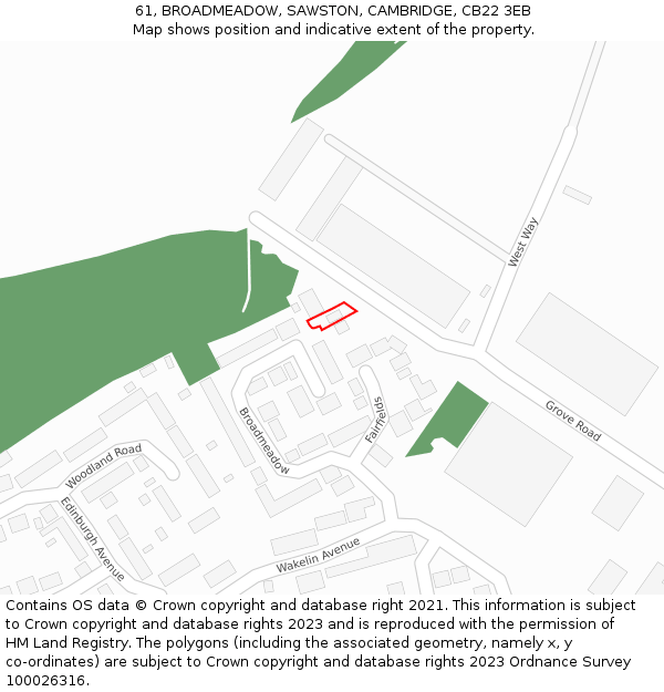 61, BROADMEADOW, SAWSTON, CAMBRIDGE, CB22 3EB: Location map and indicative extent of plot