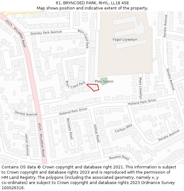 61, BRYNCOED PARK, RHYL, LL18 4SE: Location map and indicative extent of plot