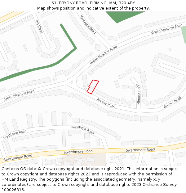 61, BRYONY ROAD, BIRMINGHAM, B29 4BY: Location map and indicative extent of plot