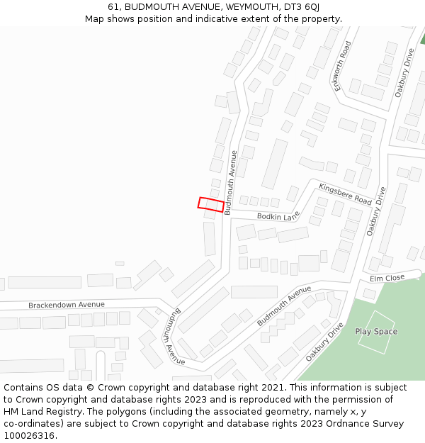 61, BUDMOUTH AVENUE, WEYMOUTH, DT3 6QJ: Location map and indicative extent of plot