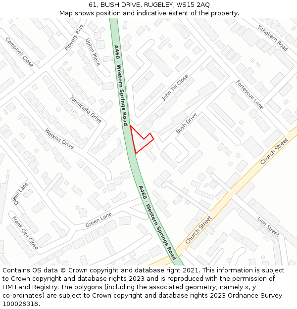 61, BUSH DRIVE, RUGELEY, WS15 2AQ: Location map and indicative extent of plot