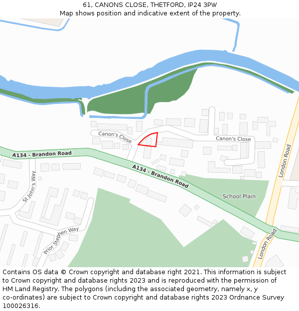 61, CANONS CLOSE, THETFORD, IP24 3PW: Location map and indicative extent of plot