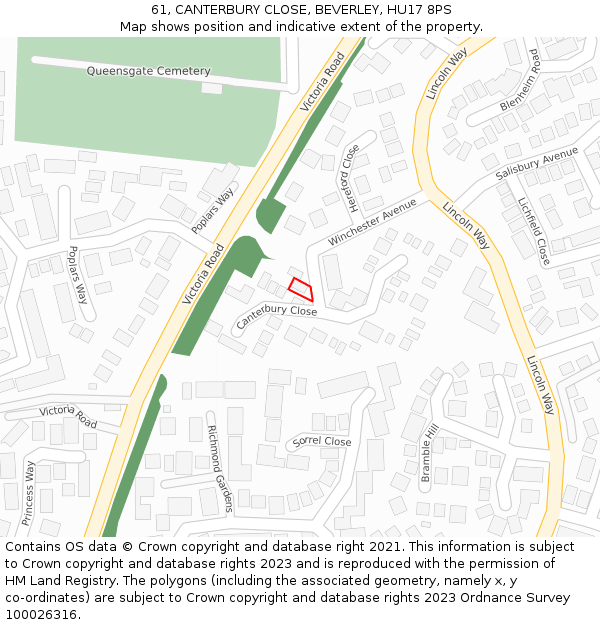 61, CANTERBURY CLOSE, BEVERLEY, HU17 8PS: Location map and indicative extent of plot