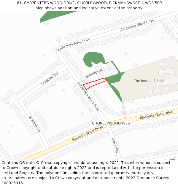 61, CARPENTERS WOOD DRIVE, CHORLEYWOOD, RICKMANSWORTH, WD3 5RP: Location map and indicative extent of plot