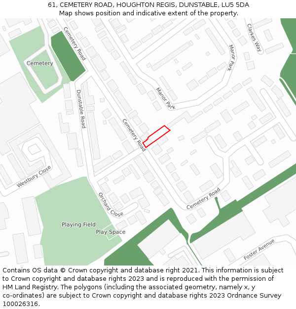 61, CEMETERY ROAD, HOUGHTON REGIS, DUNSTABLE, LU5 5DA: Location map and indicative extent of plot