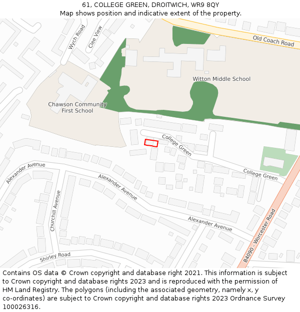 61, COLLEGE GREEN, DROITWICH, WR9 8QY: Location map and indicative extent of plot