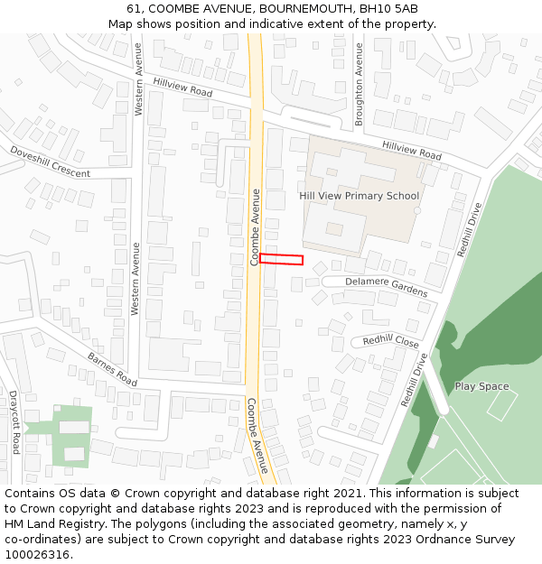 61, COOMBE AVENUE, BOURNEMOUTH, BH10 5AB: Location map and indicative extent of plot