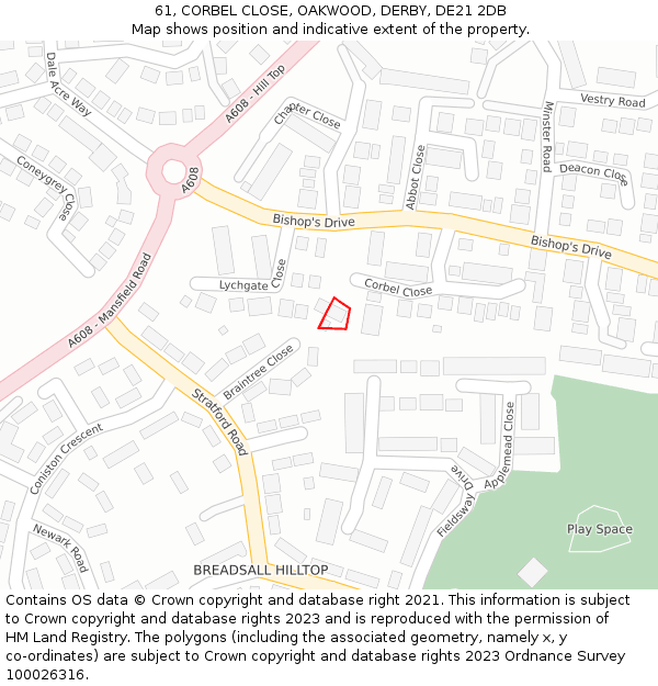 61, CORBEL CLOSE, OAKWOOD, DERBY, DE21 2DB: Location map and indicative extent of plot