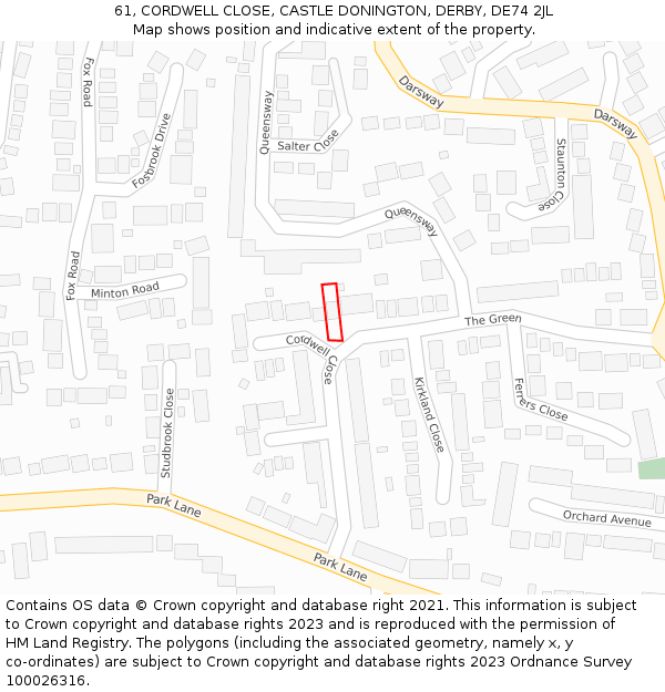 61, CORDWELL CLOSE, CASTLE DONINGTON, DERBY, DE74 2JL: Location map and indicative extent of plot