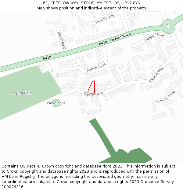 61, CRESLOW WAY, STONE, AYLESBURY, HP17 8YN: Location map and indicative extent of plot