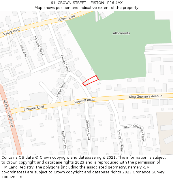 61, CROWN STREET, LEISTON, IP16 4AX: Location map and indicative extent of plot