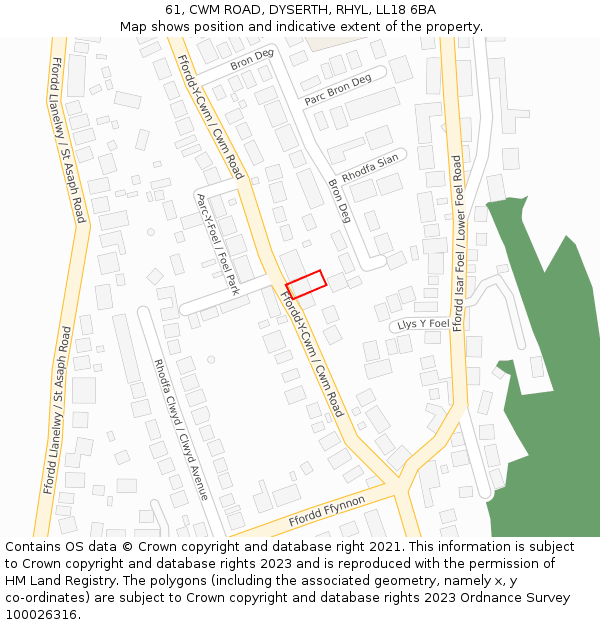 61, CWM ROAD, DYSERTH, RHYL, LL18 6BA: Location map and indicative extent of plot