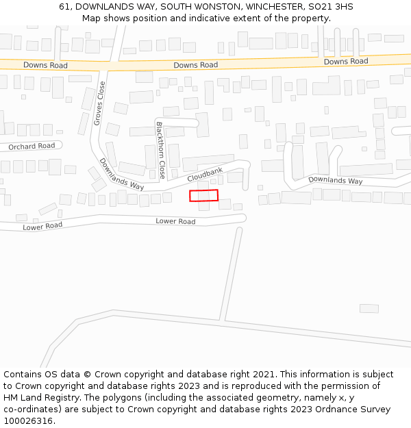 61, DOWNLANDS WAY, SOUTH WONSTON, WINCHESTER, SO21 3HS: Location map and indicative extent of plot