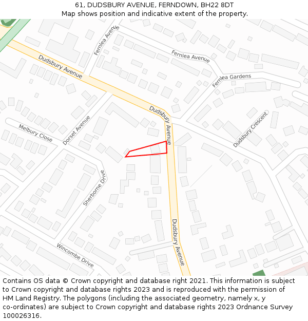 61, DUDSBURY AVENUE, FERNDOWN, BH22 8DT: Location map and indicative extent of plot