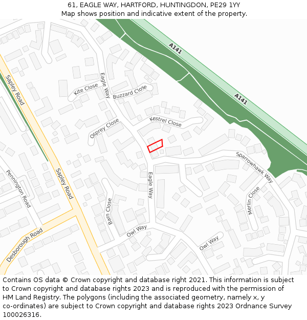 61, EAGLE WAY, HARTFORD, HUNTINGDON, PE29 1YY: Location map and indicative extent of plot