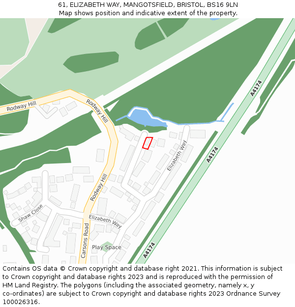 61, ELIZABETH WAY, MANGOTSFIELD, BRISTOL, BS16 9LN: Location map and indicative extent of plot