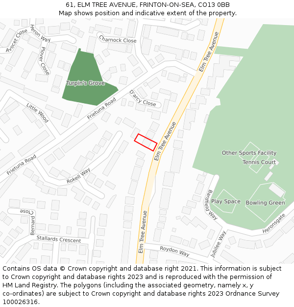 61, ELM TREE AVENUE, FRINTON-ON-SEA, CO13 0BB: Location map and indicative extent of plot