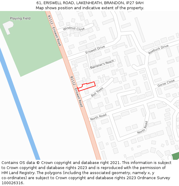 61, ERISWELL ROAD, LAKENHEATH, BRANDON, IP27 9AH: Location map and indicative extent of plot