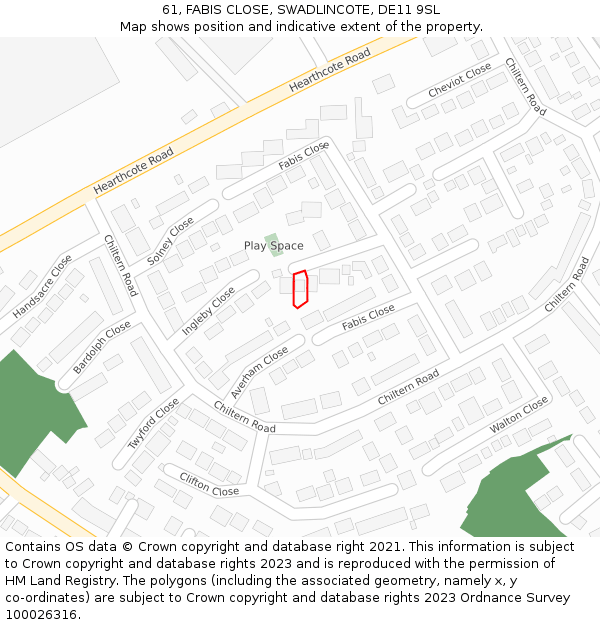 61, FABIS CLOSE, SWADLINCOTE, DE11 9SL: Location map and indicative extent of plot