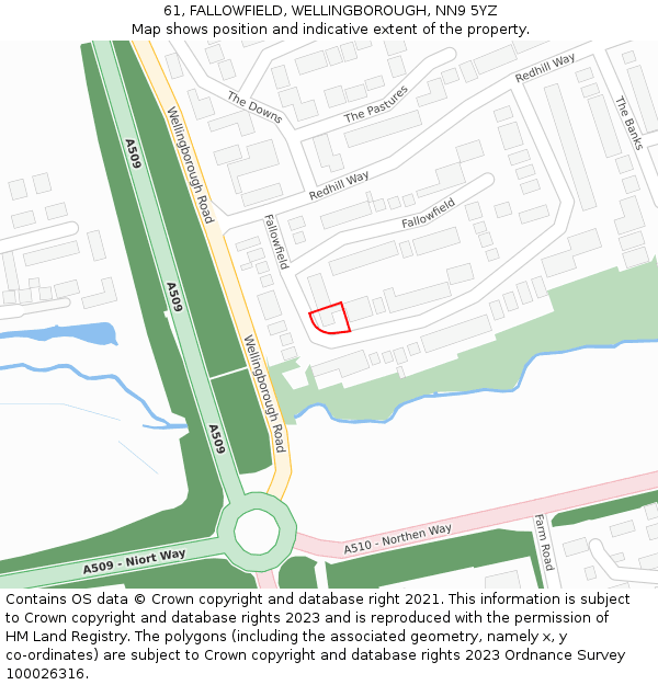 61, FALLOWFIELD, WELLINGBOROUGH, NN9 5YZ: Location map and indicative extent of plot