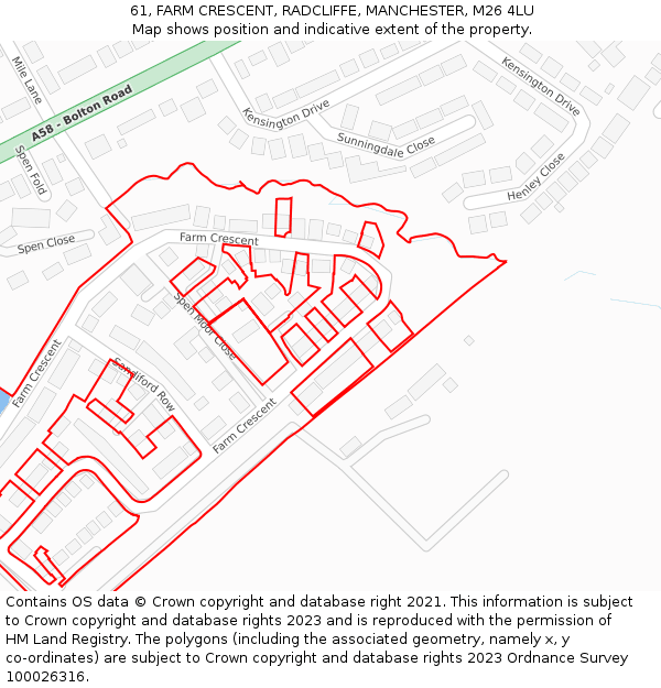 61, FARM CRESCENT, RADCLIFFE, MANCHESTER, M26 4LU: Location map and indicative extent of plot