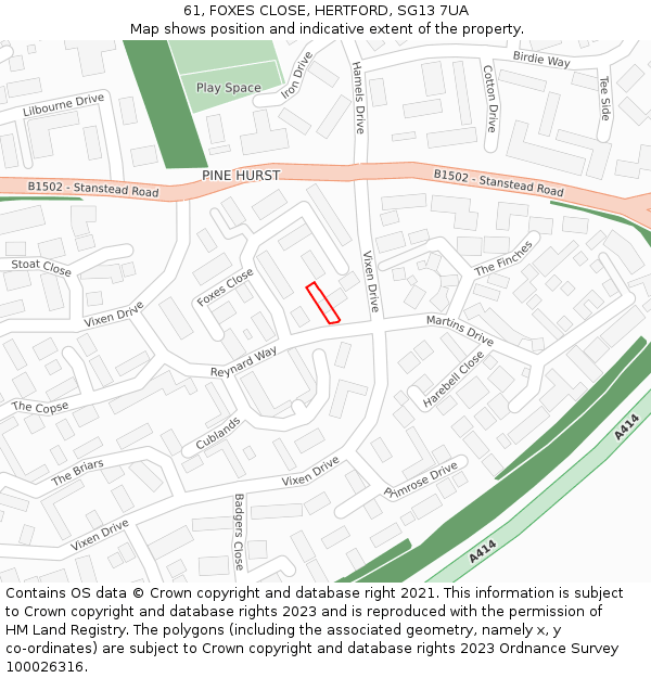 61, FOXES CLOSE, HERTFORD, SG13 7UA: Location map and indicative extent of plot