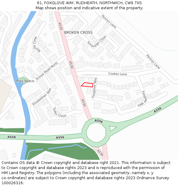 61, FOXGLOVE WAY, RUDHEATH, NORTHWICH, CW9 7XS: Location map and indicative extent of plot