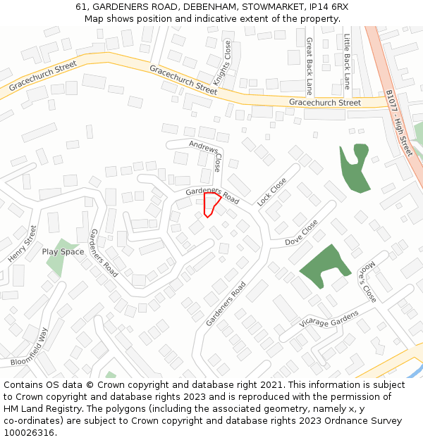 61, GARDENERS ROAD, DEBENHAM, STOWMARKET, IP14 6RX: Location map and indicative extent of plot