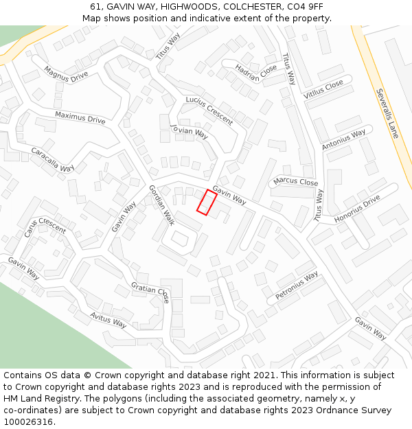 61, GAVIN WAY, HIGHWOODS, COLCHESTER, CO4 9FF: Location map and indicative extent of plot
