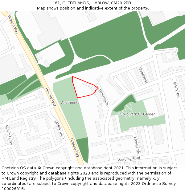 61, GLEBELANDS, HARLOW, CM20 2PB: Location map and indicative extent of plot