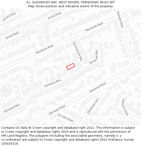 61, GLENWOOD WAY, WEST MOORS, FERNDOWN, BH22 0ET: Location map and indicative extent of plot