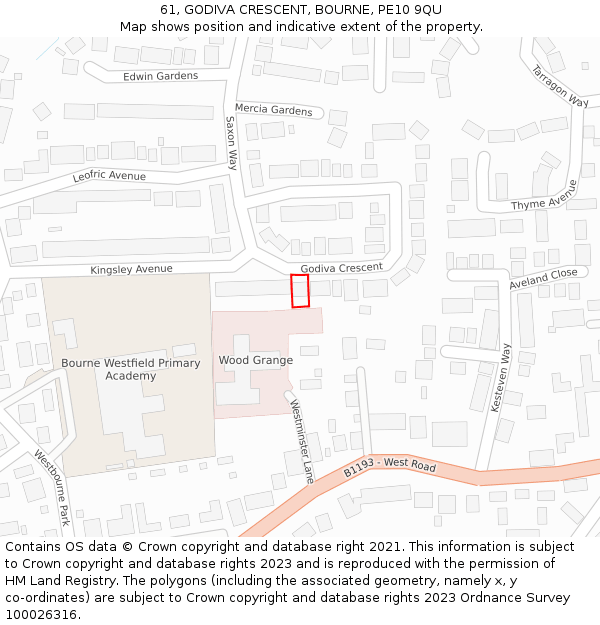 61, GODIVA CRESCENT, BOURNE, PE10 9QU: Location map and indicative extent of plot